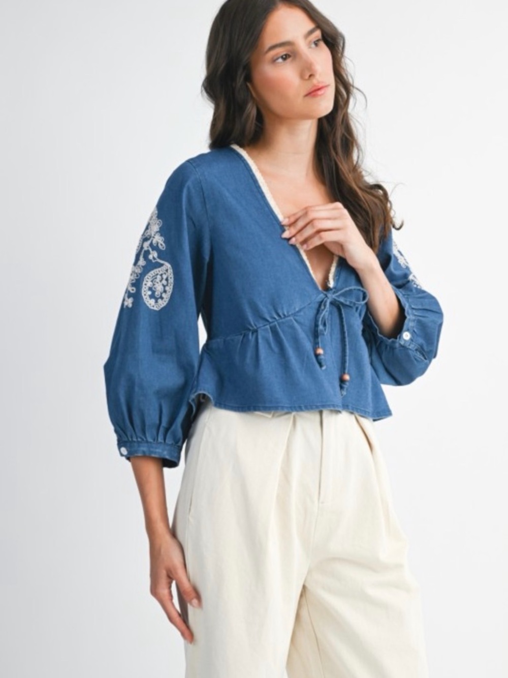 A380. Embroidered V-Neck Peplum Top - Blue - Picture 2 of 8